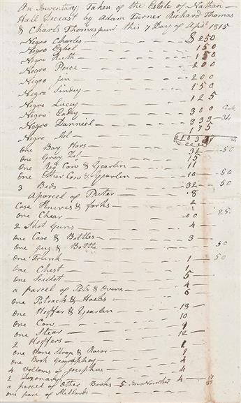 (SLAVERY AND ABOLITION.) Manuscript inventory of the estate of Nathan Hall, including ten named slaves.